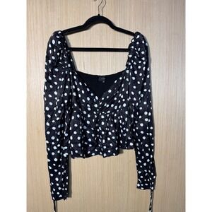 Majorelle Womens XL Black White Polka Dot Smocked Peplum Blouse Square Neck Puff